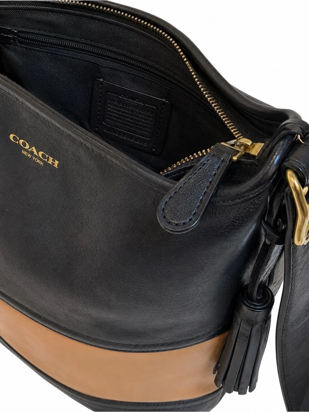 Coach Legacy Leather Colorblock Tassel Shoulder Crossbody Bag Black Tan Large